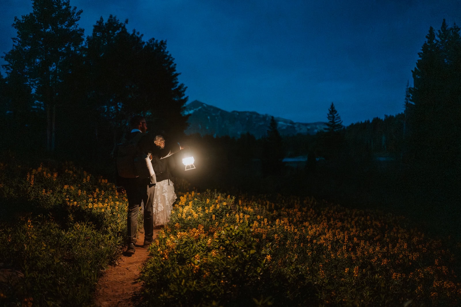 The bride and groom head back to their vehicles during their hiking elopement in Crested Butte. The groom holds up the lantern to light up all the wildflowers on the trail around them.