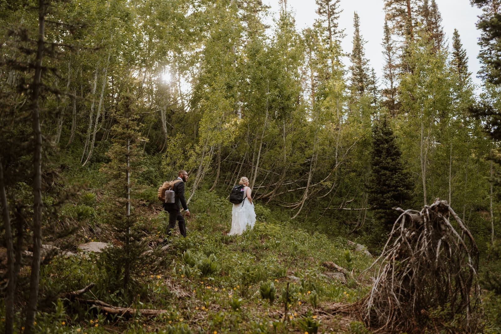 Bride and groom hike down a hiking trail in Crested Butte. The surrounding area is very green and lush and they are the only ones on the hiking trail.