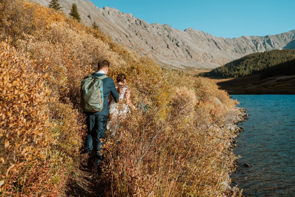 The bride and the groom hike down a hiking trail further into the gulch at Clinton Reservoir. The bright yellow bushes are just as tall as they are.